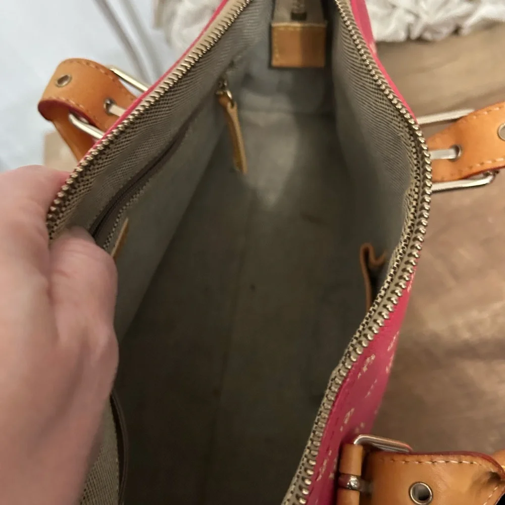 Dooney & Bourke Bright Pink Logo Tote with Tan Leather Trim - Picture 4 of 9